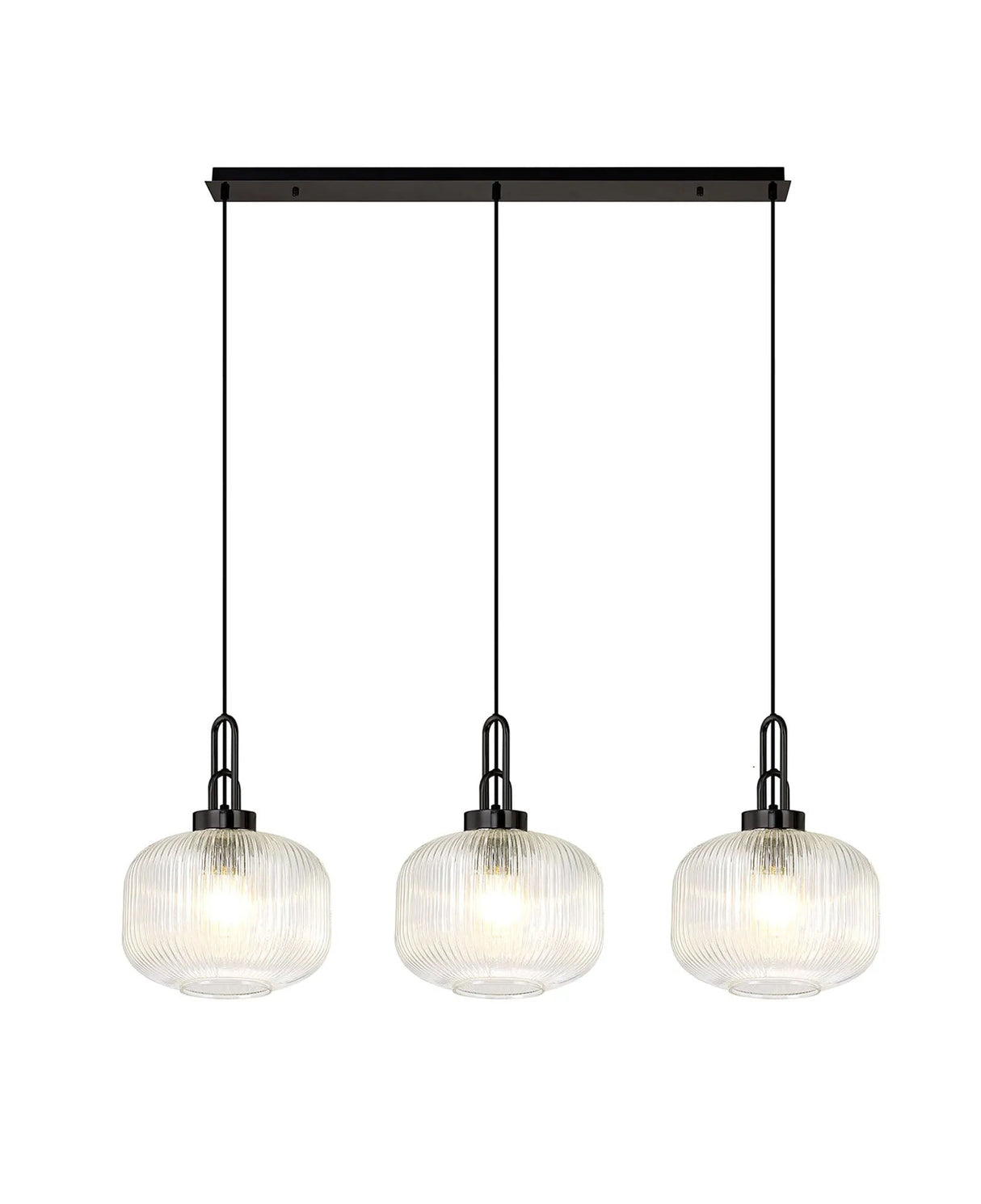 Allardyce Linear 3 Light Pendant E27, Black Chrome/Matt Black With 30cm Pumpkin Shaped Ribbed Clear Glass