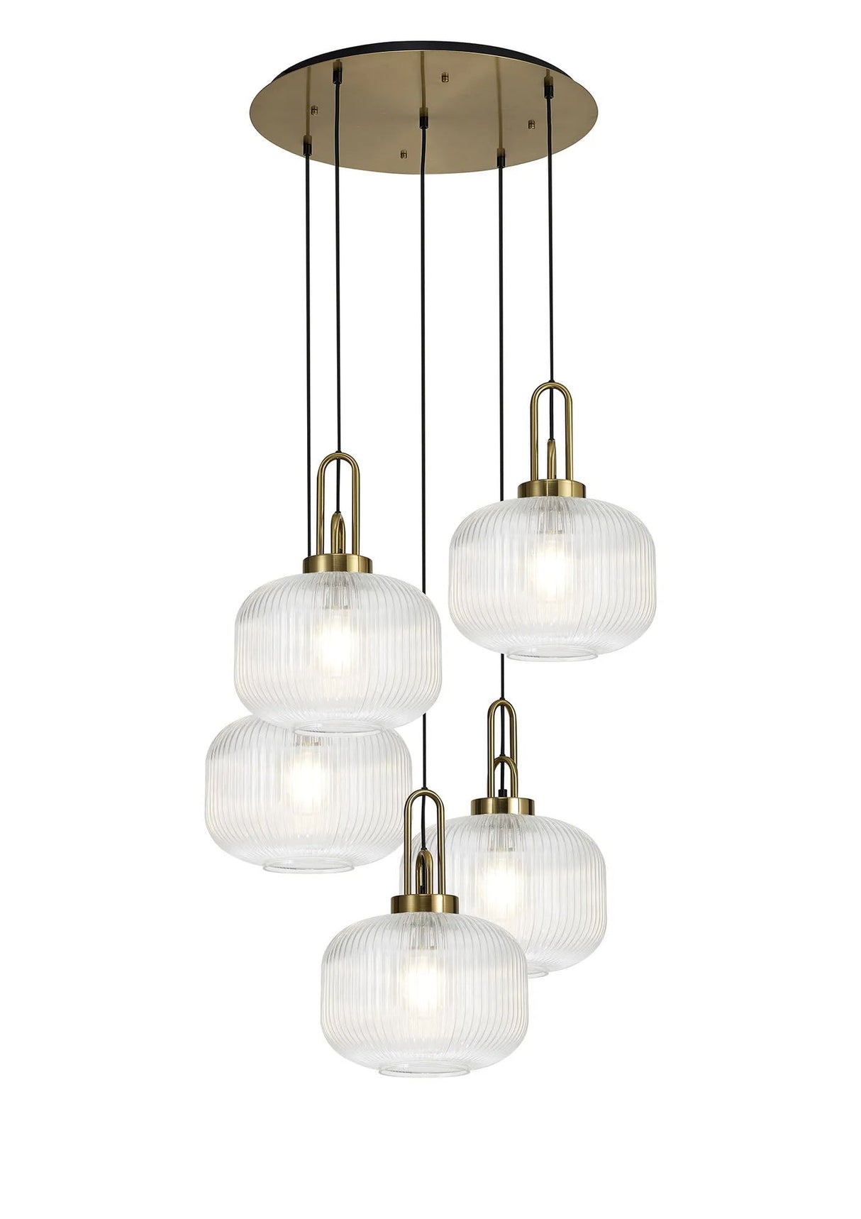 Allardyce 2.5m Round Pendant, 5 x E27, Brass Gold/Matt Black With 30cm Pumpkin Shaped Ribbed Clear Glass