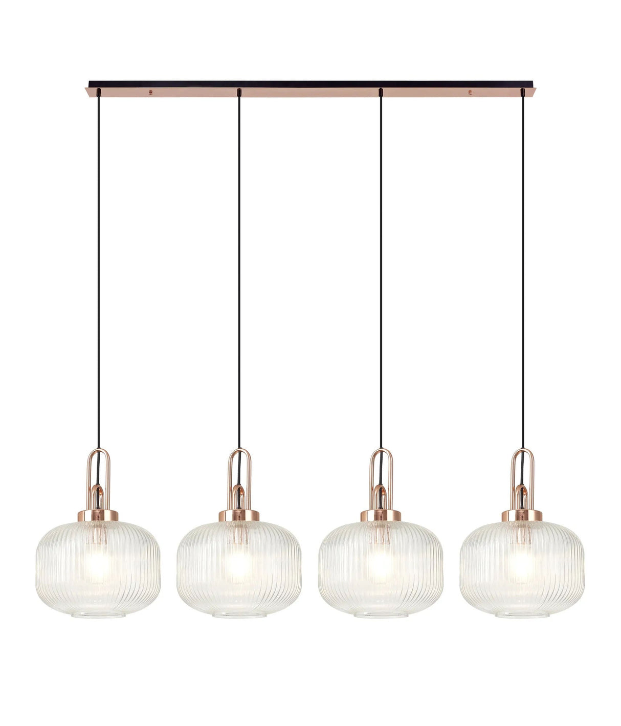 Allardyce Linear Pendant, 4 x E27, Copper/Matt Black With 30cm Pumpkin Shaped Ribbed Clear Glass
