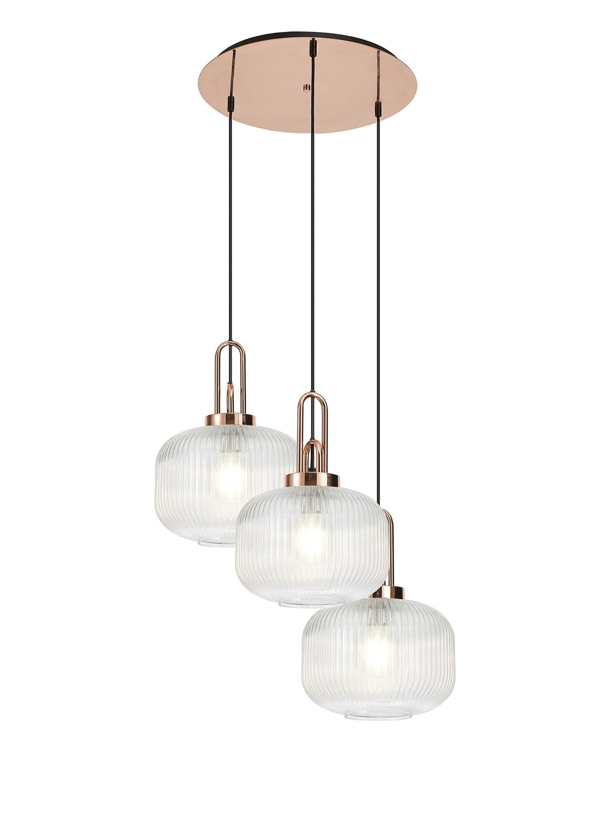 Allardyce 2m Round Pendant, 3 x E27, Copper/Matt Black With 30cm Pumpkin Shaped Ribbed Clear Glass