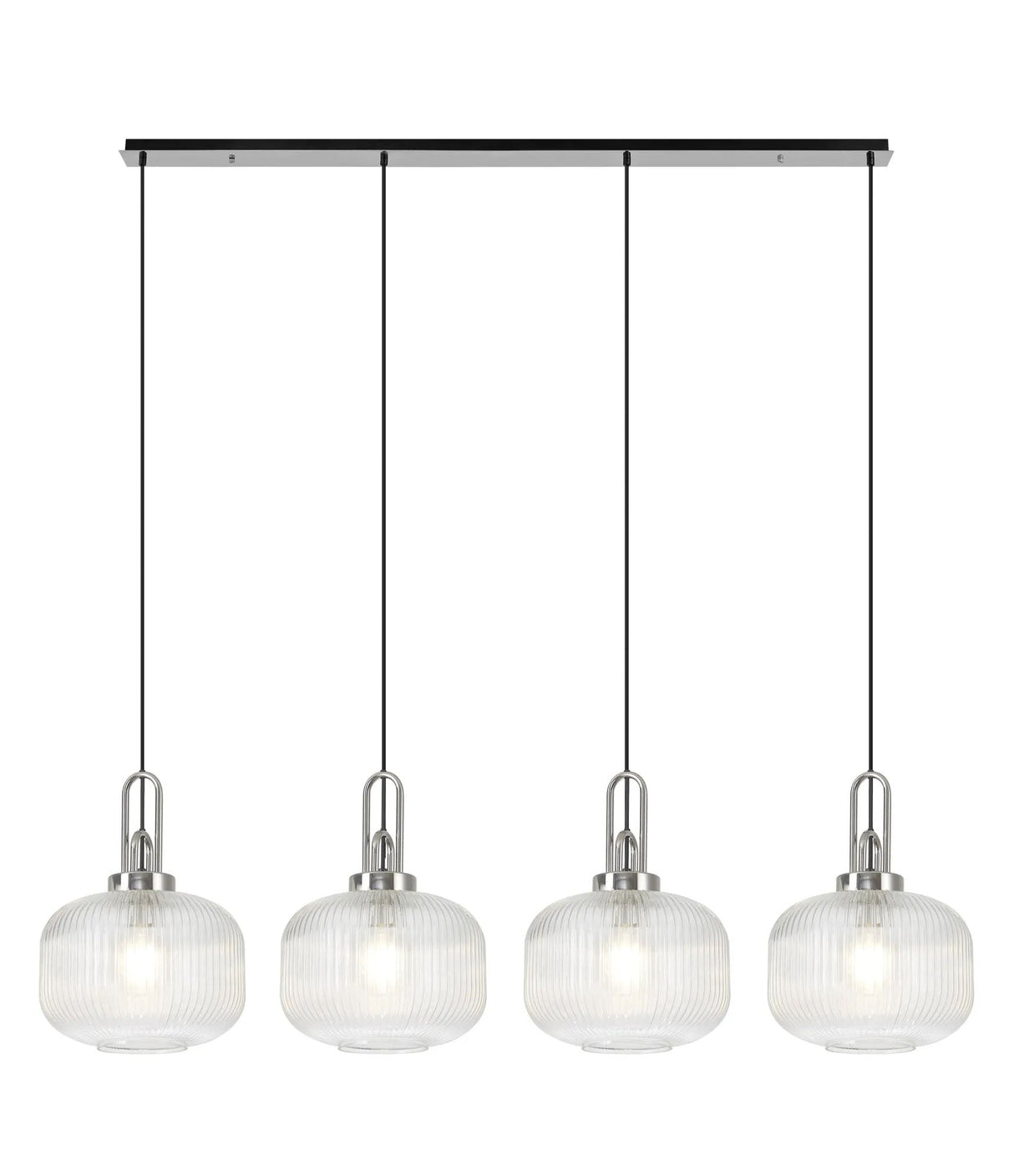 Allardyce Linear Pendant, 4 x E27, Polished Nickel/Matt Black With 30cm Pumpkin Shaped Ribbed Clear Glass