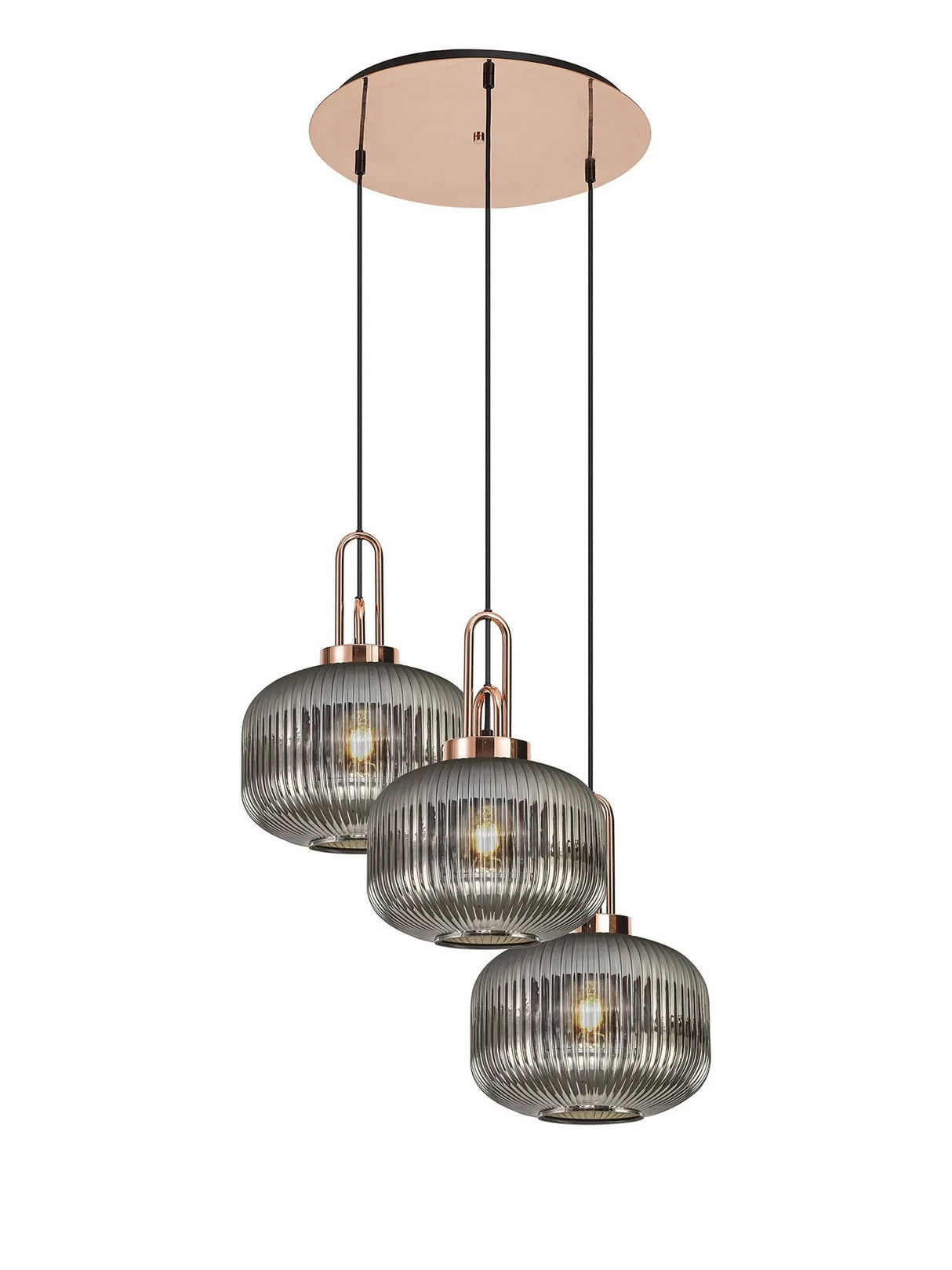 Allardyce 2m Round Pendant, 3 x E27, Copper/Matt Black With 30cm Pumpkin Shaped Ribbed Smoked Glass