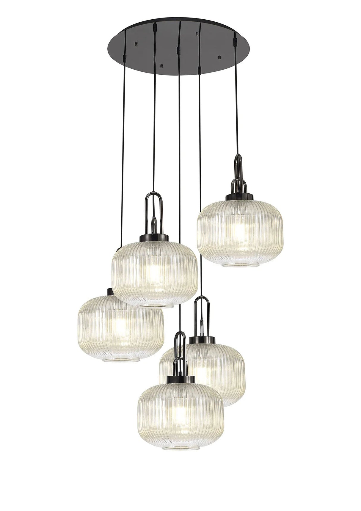 Allardyce 2.5m Round Pendant, 5 x E27, Black Chrome/Matt Black With 30cm Pumpkin Shaped Ribbed Champagne Glass