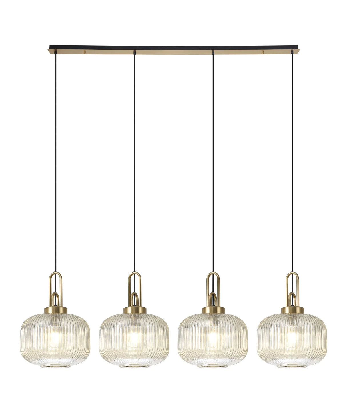Allardyce Linear Pendant, 4 x E27, Brass Gold/Matt Black With 30cm Pumpkin Shaped Ribbed Champagne Glass