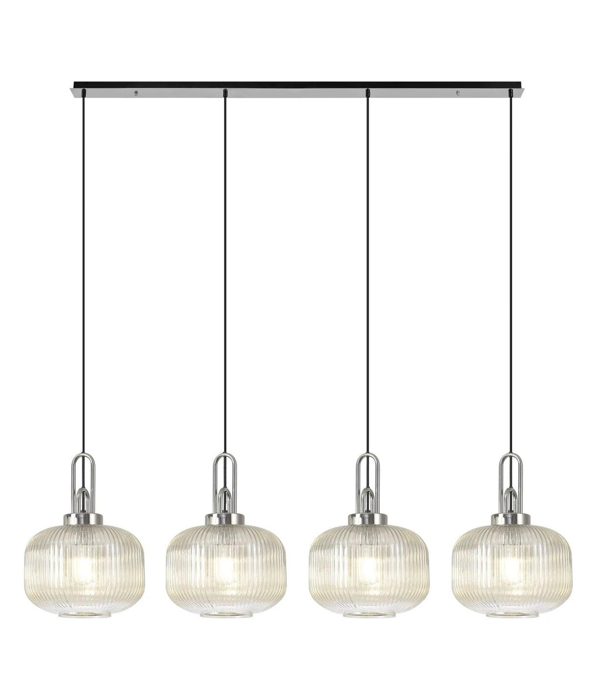 Allardyce Linear Pendant, 4 x E27, Polished Nickel/Matt Black With 30cm Pumpkin Shaped Ribbed Champagne Glass