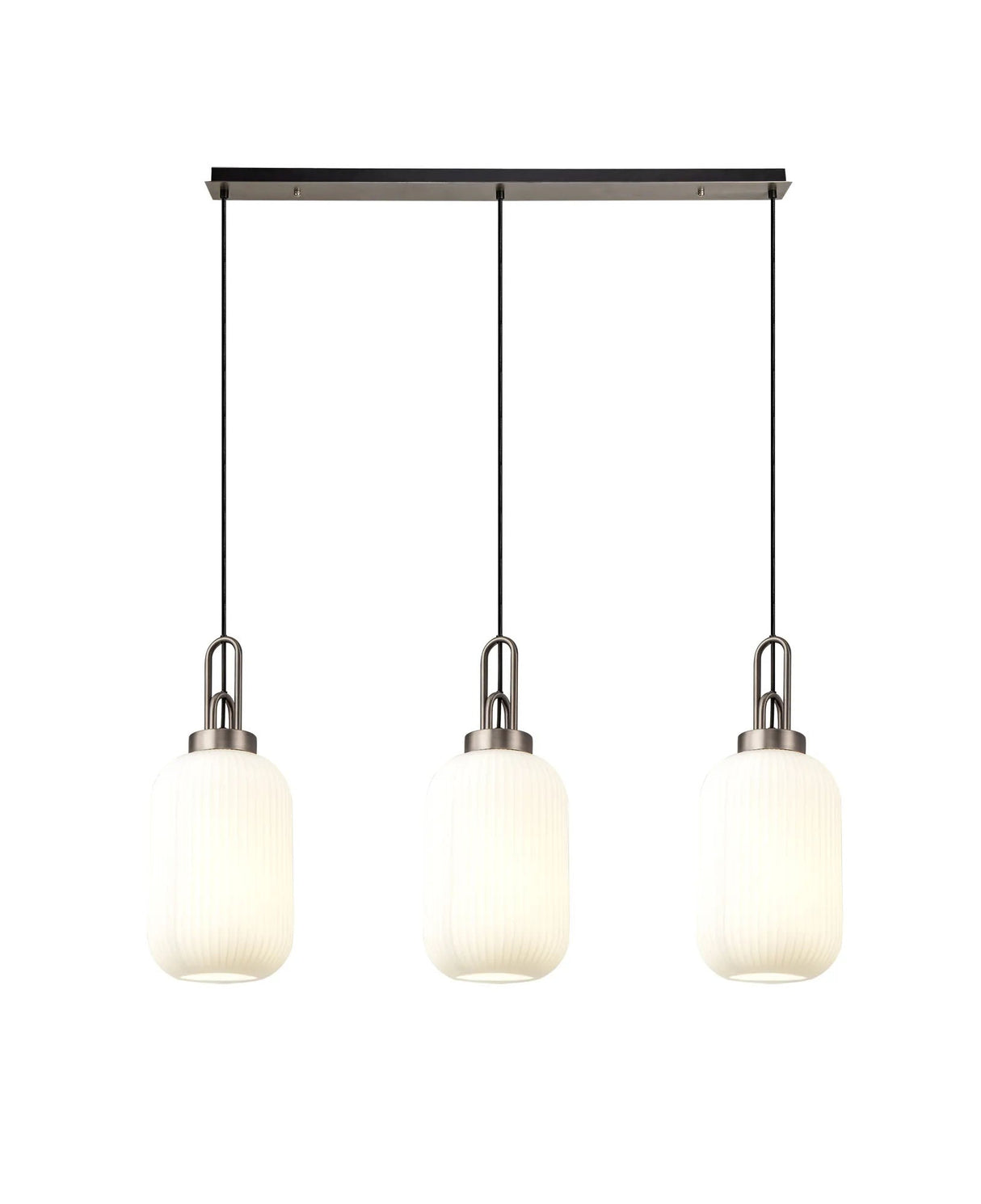 Allardyce Linear 3 Light Pendant With 20cm Tubular Ribbed Glass, Antique Silver/Matt Black Opal