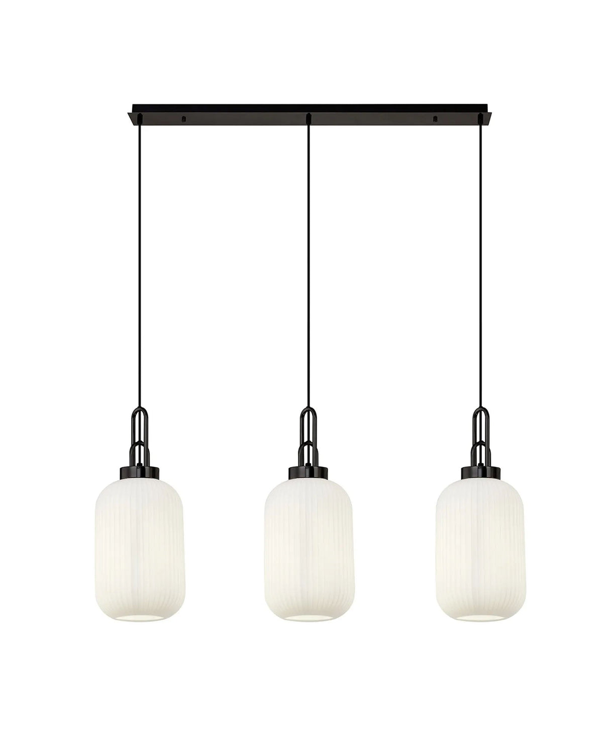 Allardyce Linear 3 Light Pendant With 20cm Tubular Ribbed Glass, Black Chrome/Matt Black Opal