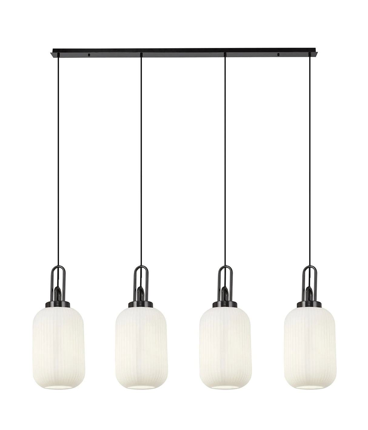Allardyce Linear 4 Light Pendant With 20cm Tubular Ribbed Glass, Black Chrome/Matt Black Opal