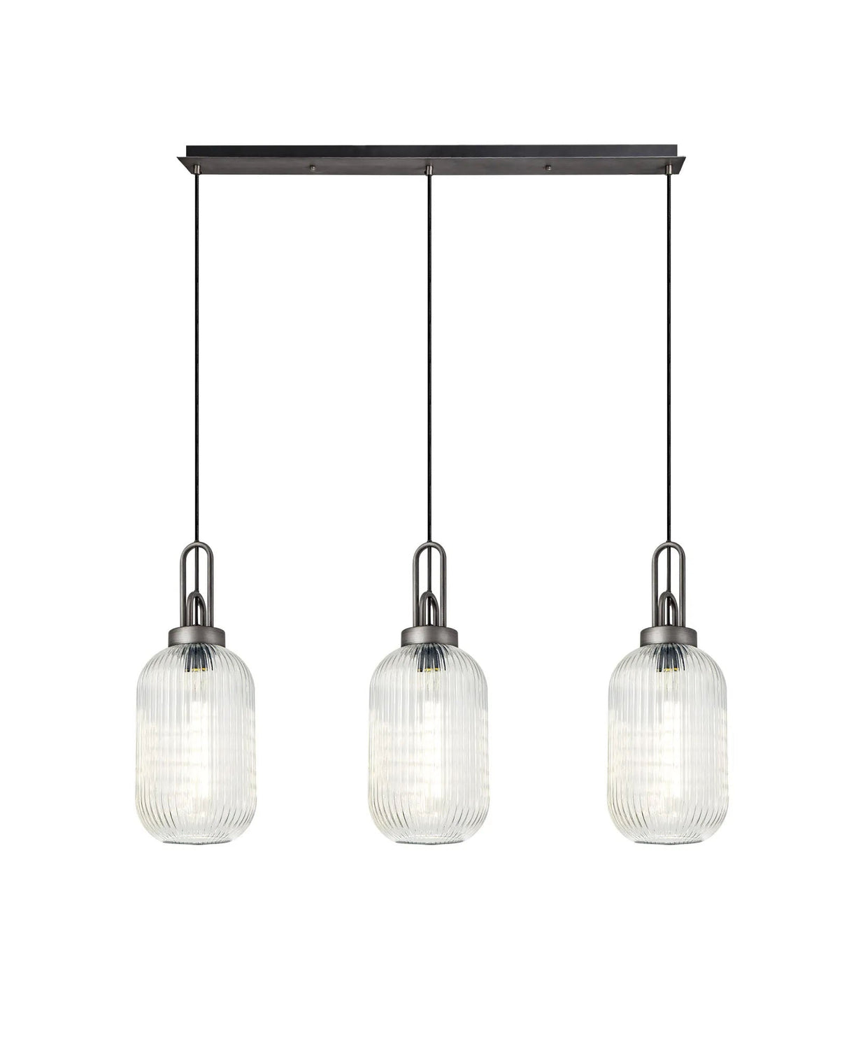 Allardyce Linear 3 Light Pendant With 20cm Tubular Ribbed Glass, Aged Pewter/Matt Black Clear