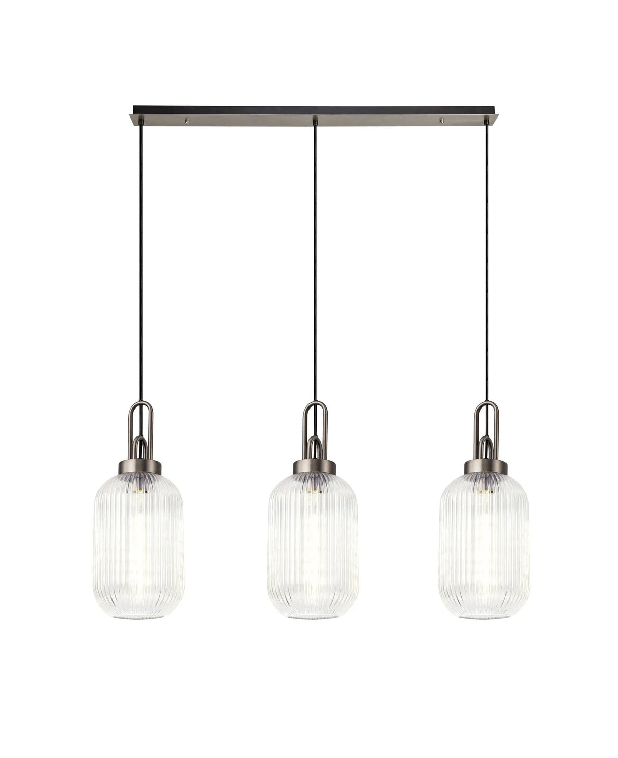Allardyce Linear 3 Light Pendant With 20cm Tubular Ribbed Glass, Antique Silver/Matt Black Clear