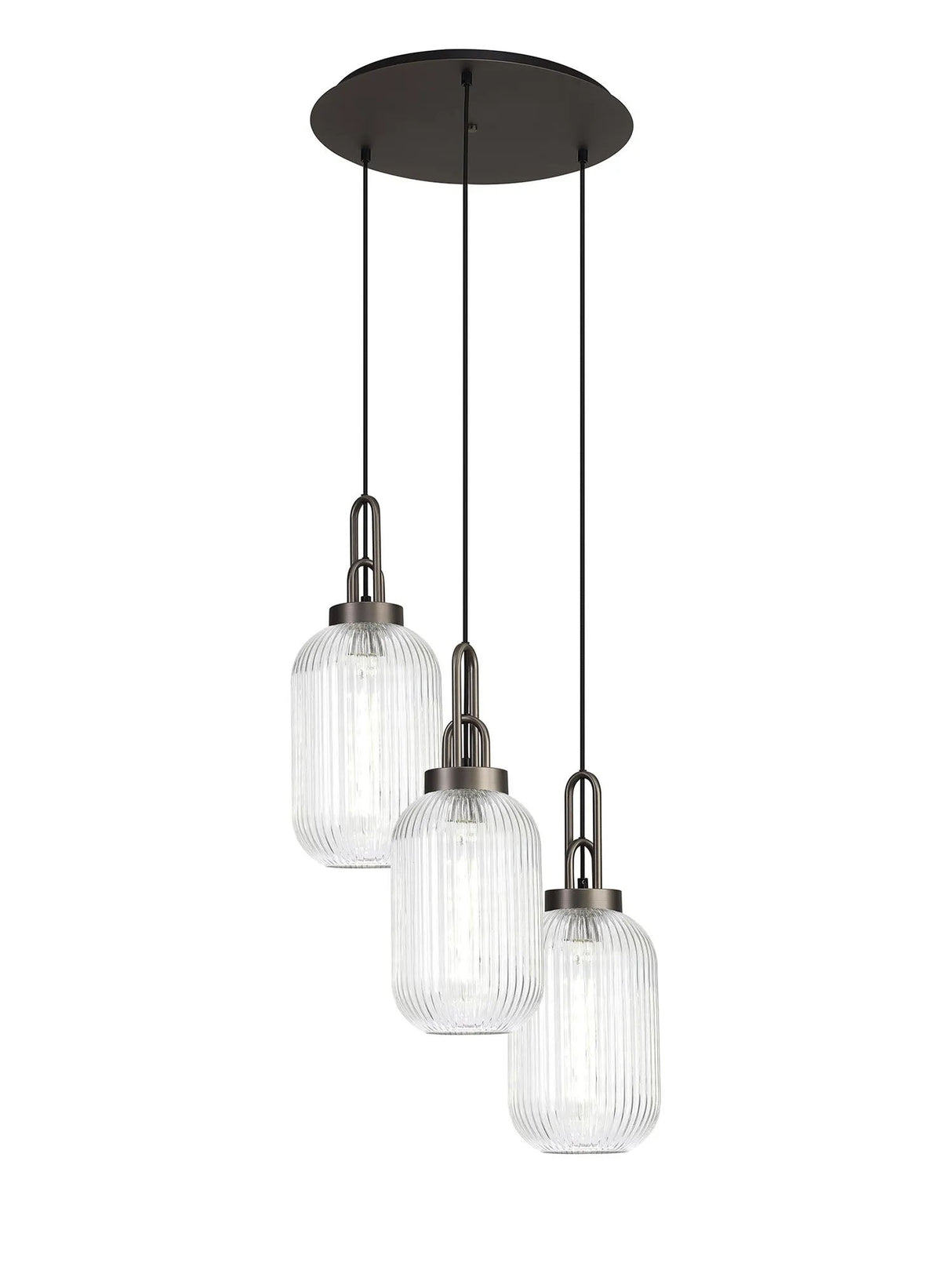 Allardyce Round 3 Light Pendant With 20cm Tubular Ribbed Glass, Antique Silver/Matt Black Clear