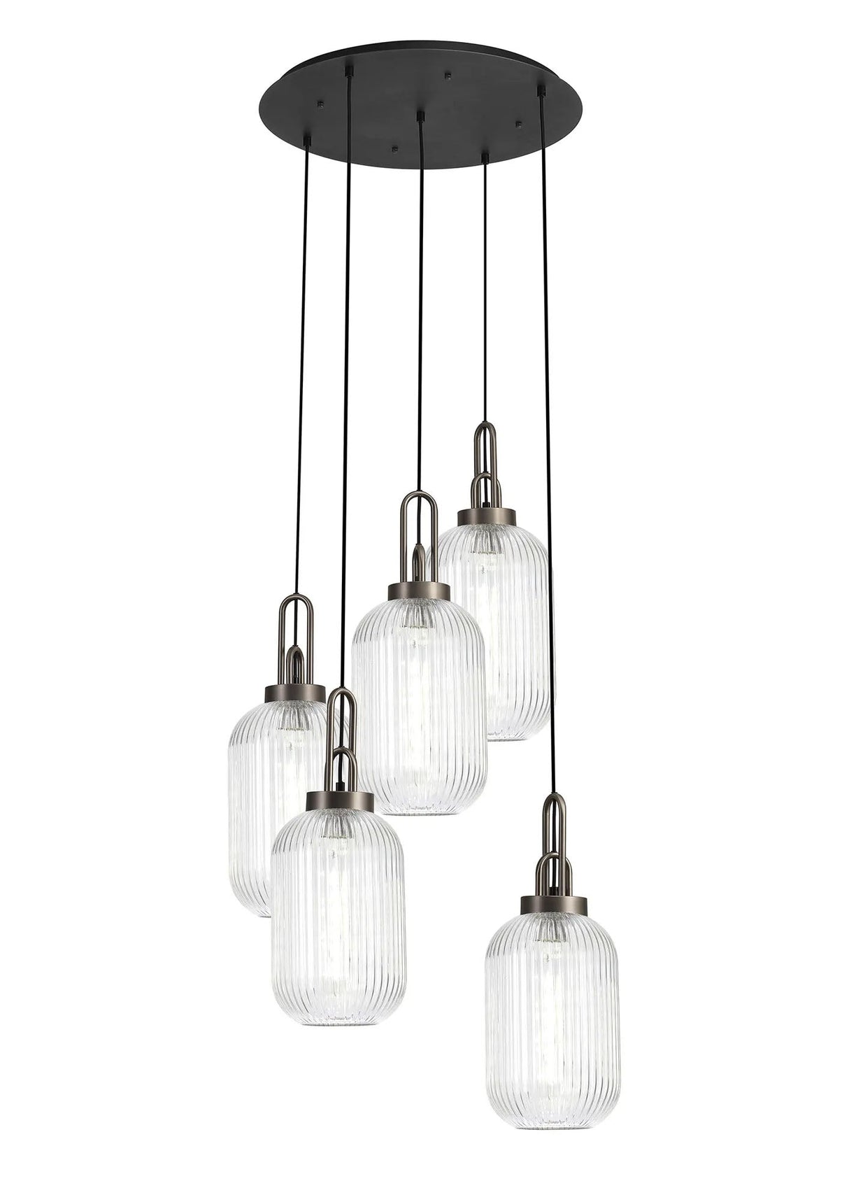 Allardyce Round 5 Light Pendant With 20cm Tubular Ribbed Glass, Antique Silver/Matt Black Clear