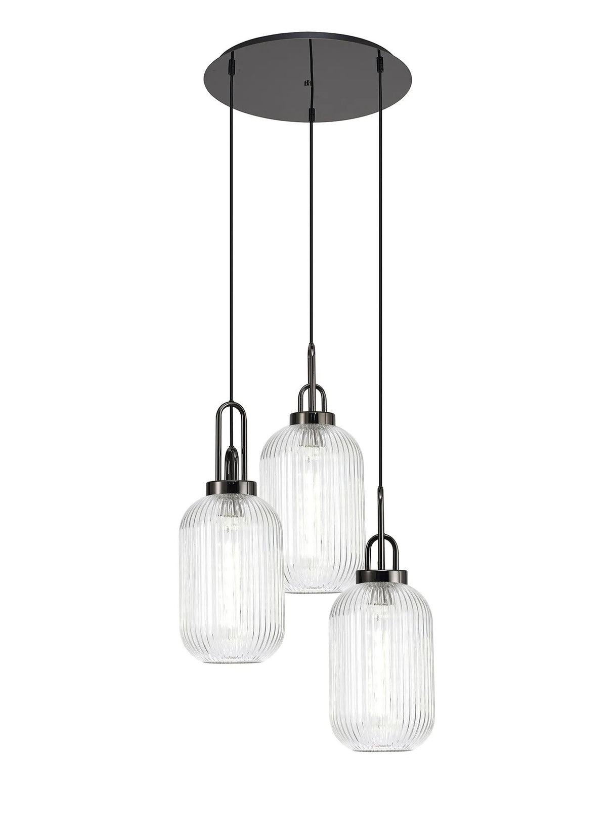 Allardyce Round 3 Light Pendant With 20cm Tubular Ribbed Glass, Black Chrome/Matt Black Clear