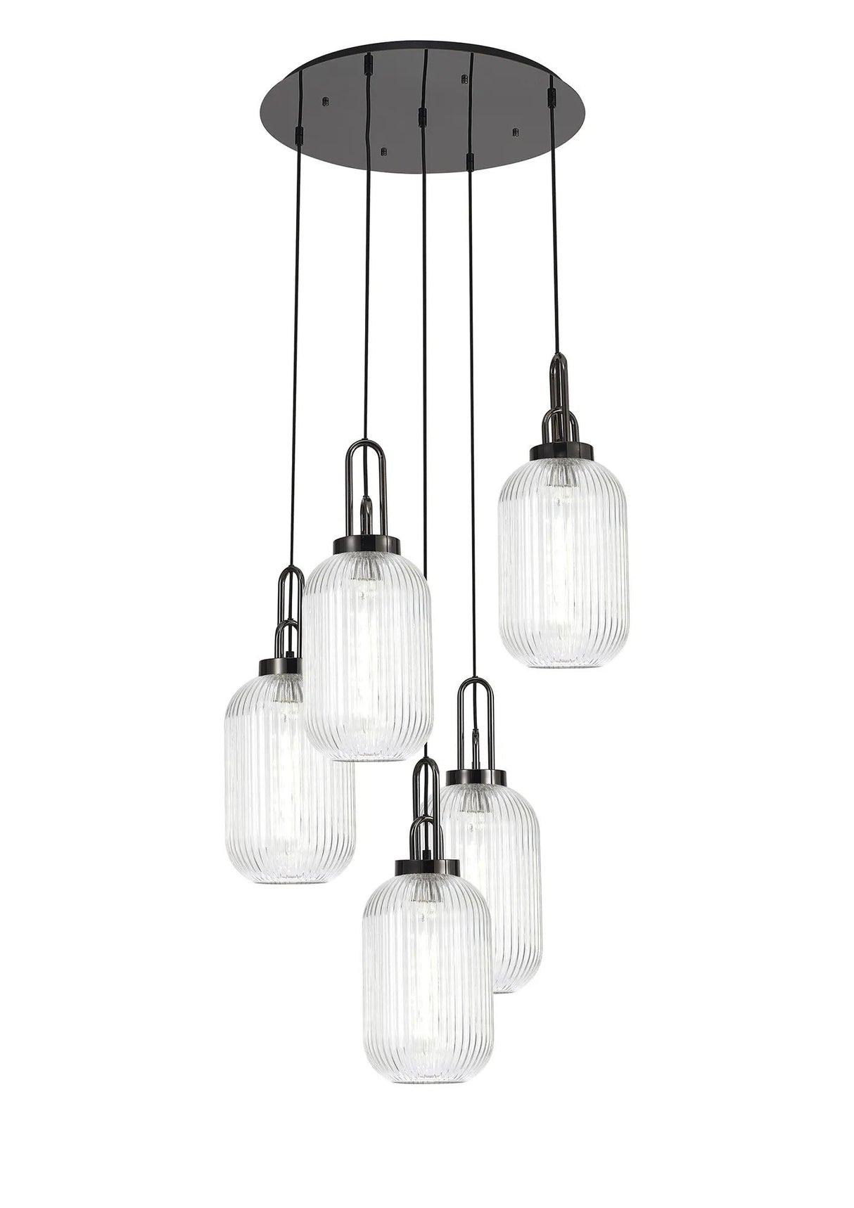 Allardyce Round 5 Light Pendant With 20cm Tubular Ribbed Glass, Black Chrome/Matt Black Clear