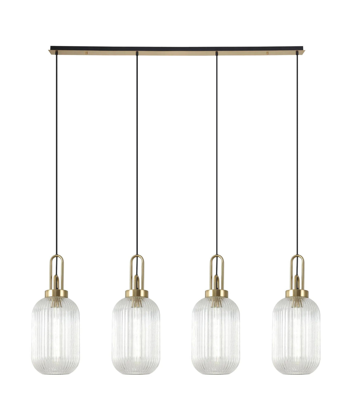 Allardyce Linear 4 Light Pendant With 20cm Tubular Ribbed Glass, Brass Gold/Matt Black Clear