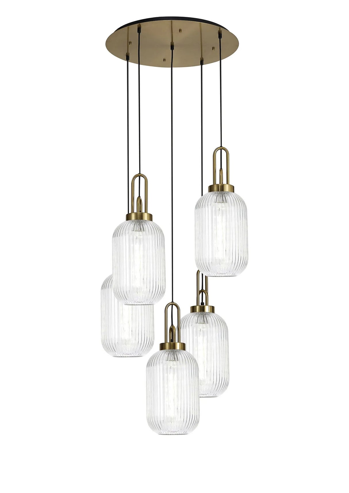 Allardyce Round 5 Light Pendant With 20cm Tubular Ribbed Glass, Brass Gold/Matt Black Clear