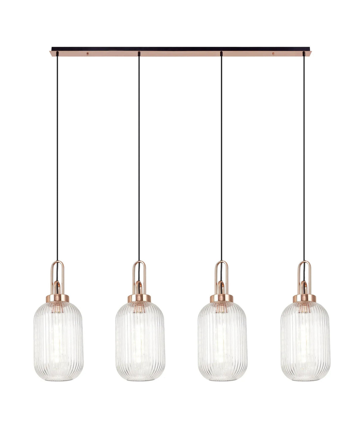 Allardyce Linear 4 Light Pendant With 20cm Tubular Ribbed Glass, Copper/Matt Black Clear
