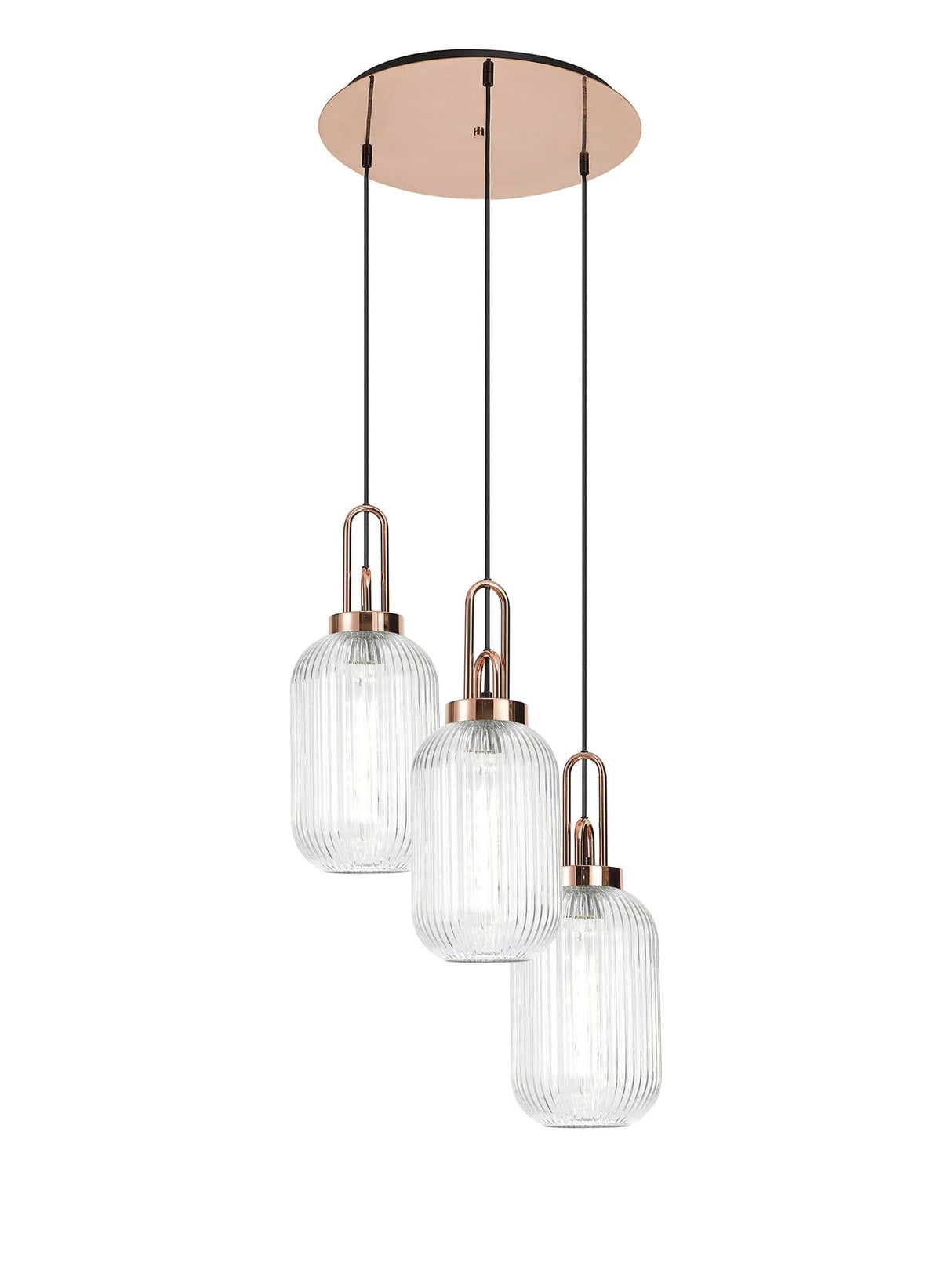 Allardyce Round 3 Light Pendant With 20cm Tubular Ribbed Glass, Copper/Matt Black Clear
