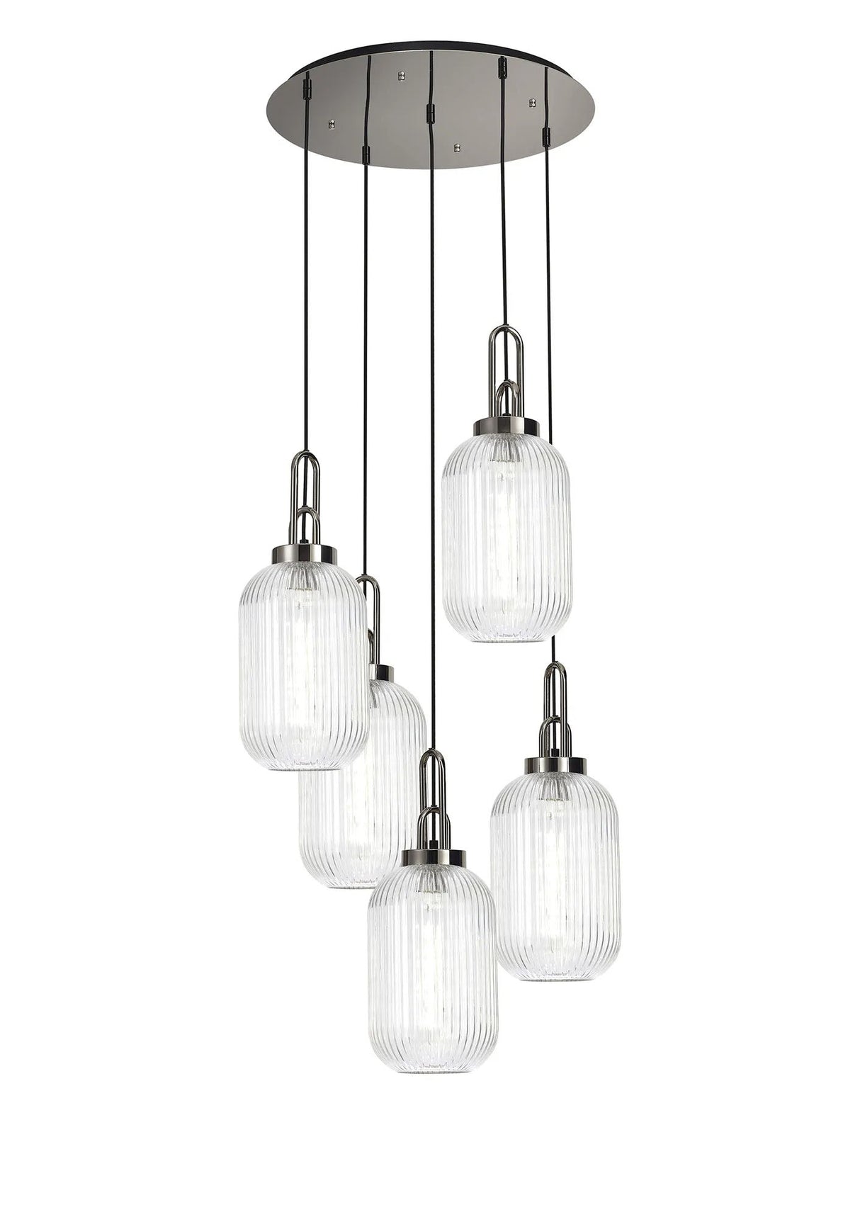 Allardyce Round 5 Light Pendant With 20cm Tubular Ribbed Glass, Polished Nickel/Matt Black Clear