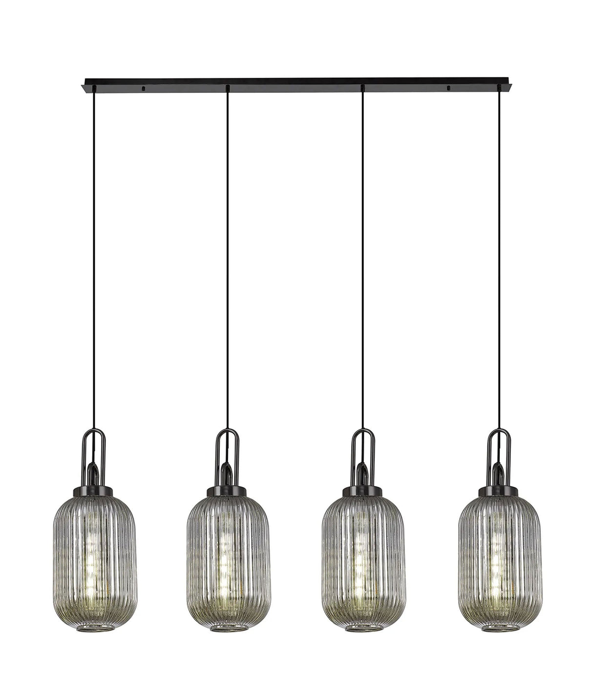 Allardyce Linear 4 Light Pendant With 20cm Tubular Ribbed Glass, Black Chrome/Matt Black Smoked