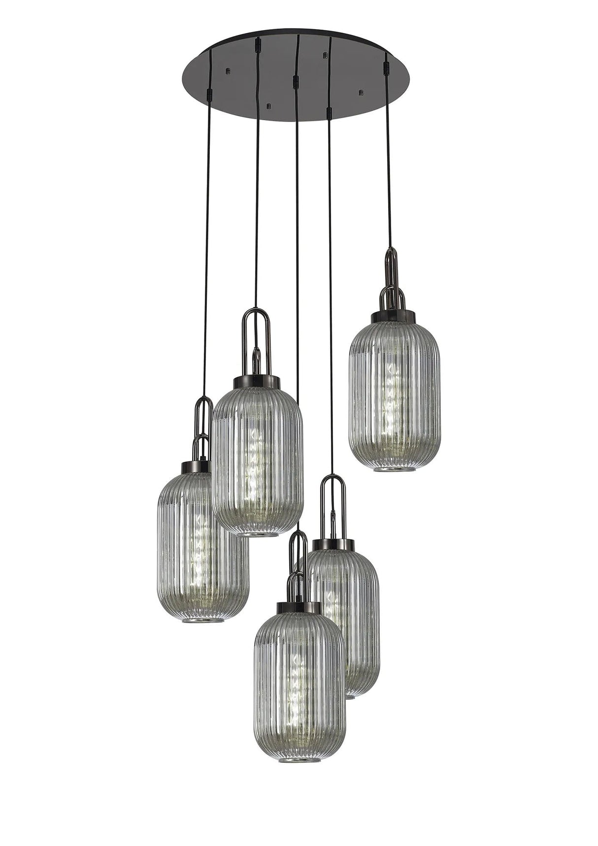 Allardyce Round 5 Light Pendant With 20cm Tubular Ribbed Glass, Black Chrome/Matt Black Smoked