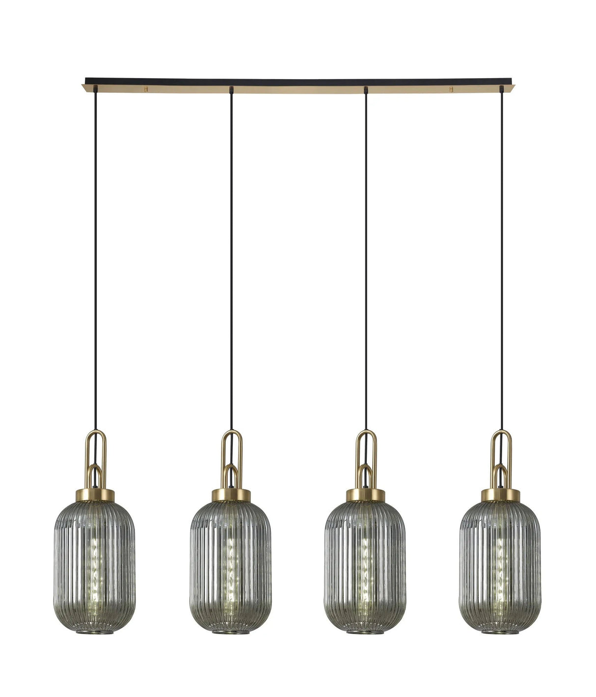 Allardyce Linear 4 Light Pendant With 20cm Tubular Ribbed Glass, Brass Gold/Matt Black Smoked