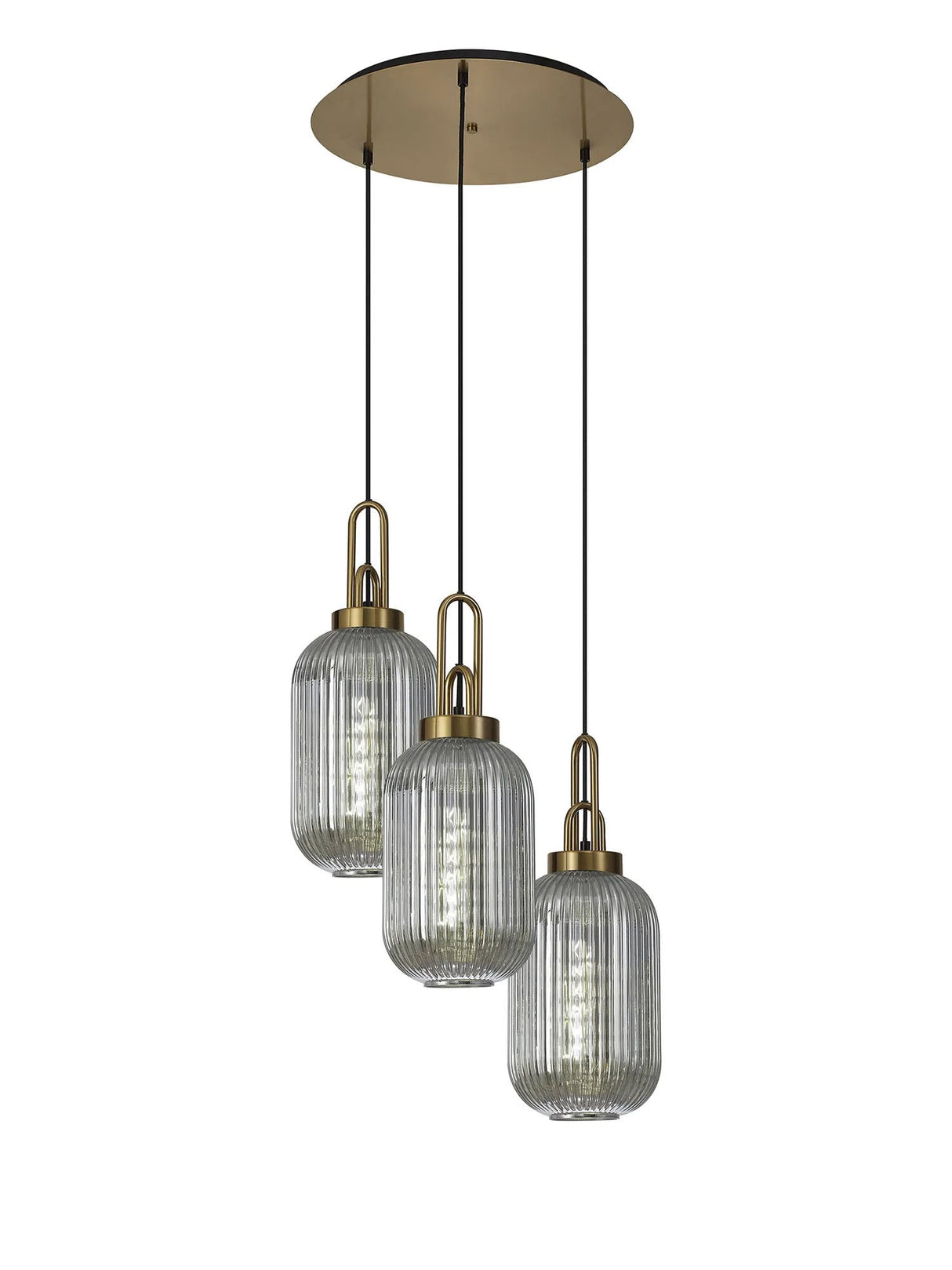 Allardyce Round 3 Light Pendant With 20cm Tubular Ribbed Glass, Brass Gold/Matt Black Smoked