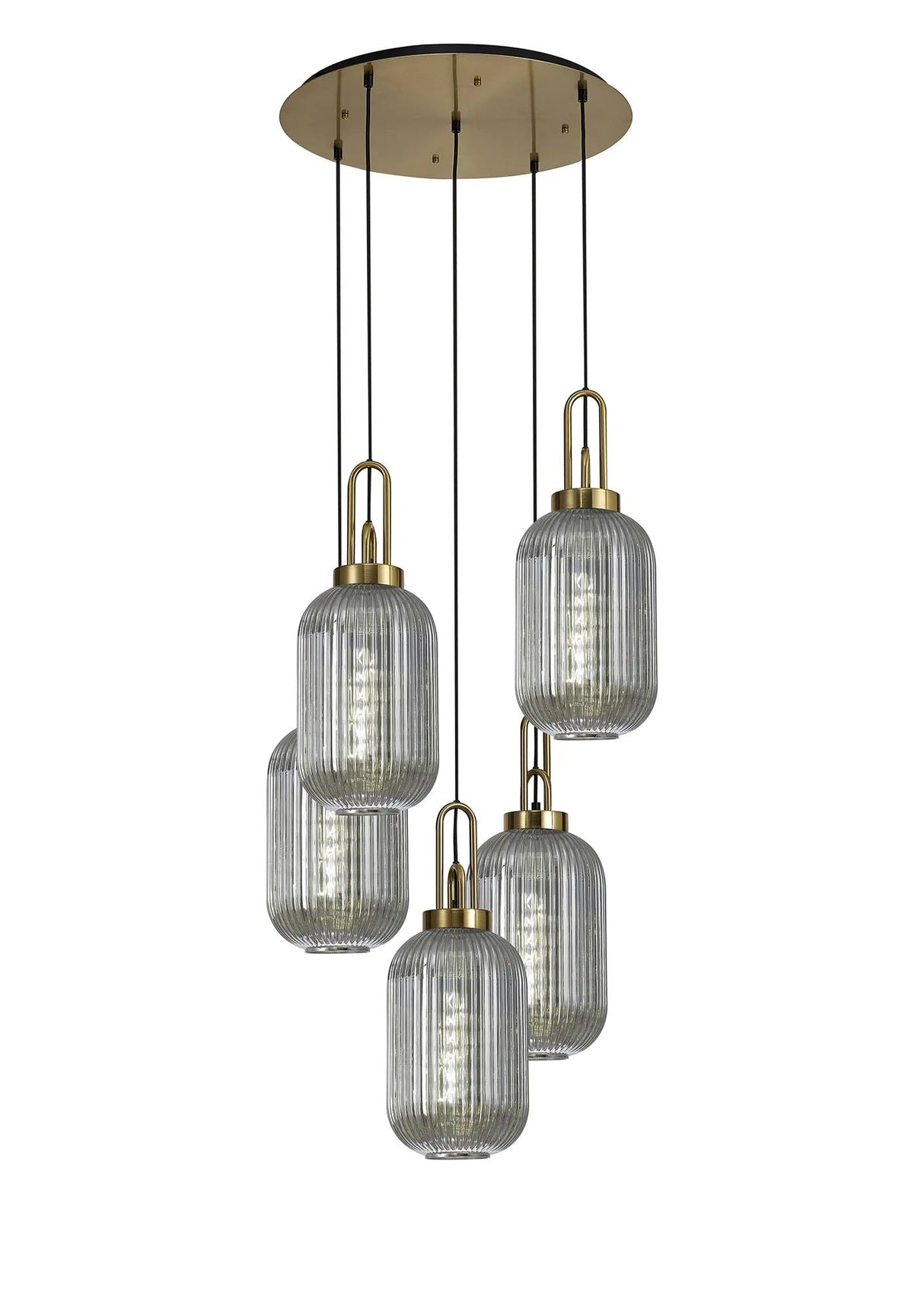 Allardyce Round 5 Light Pendant With 20cm Tubular Ribbed Glass, Brass Gold/Matt Black Smoked
