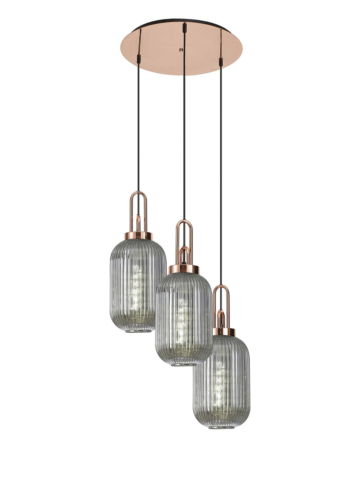 Allardyce Round 3 Light Pendant With 20cm Tubular Ribbed Glass, Copper/Matt Black Smoked