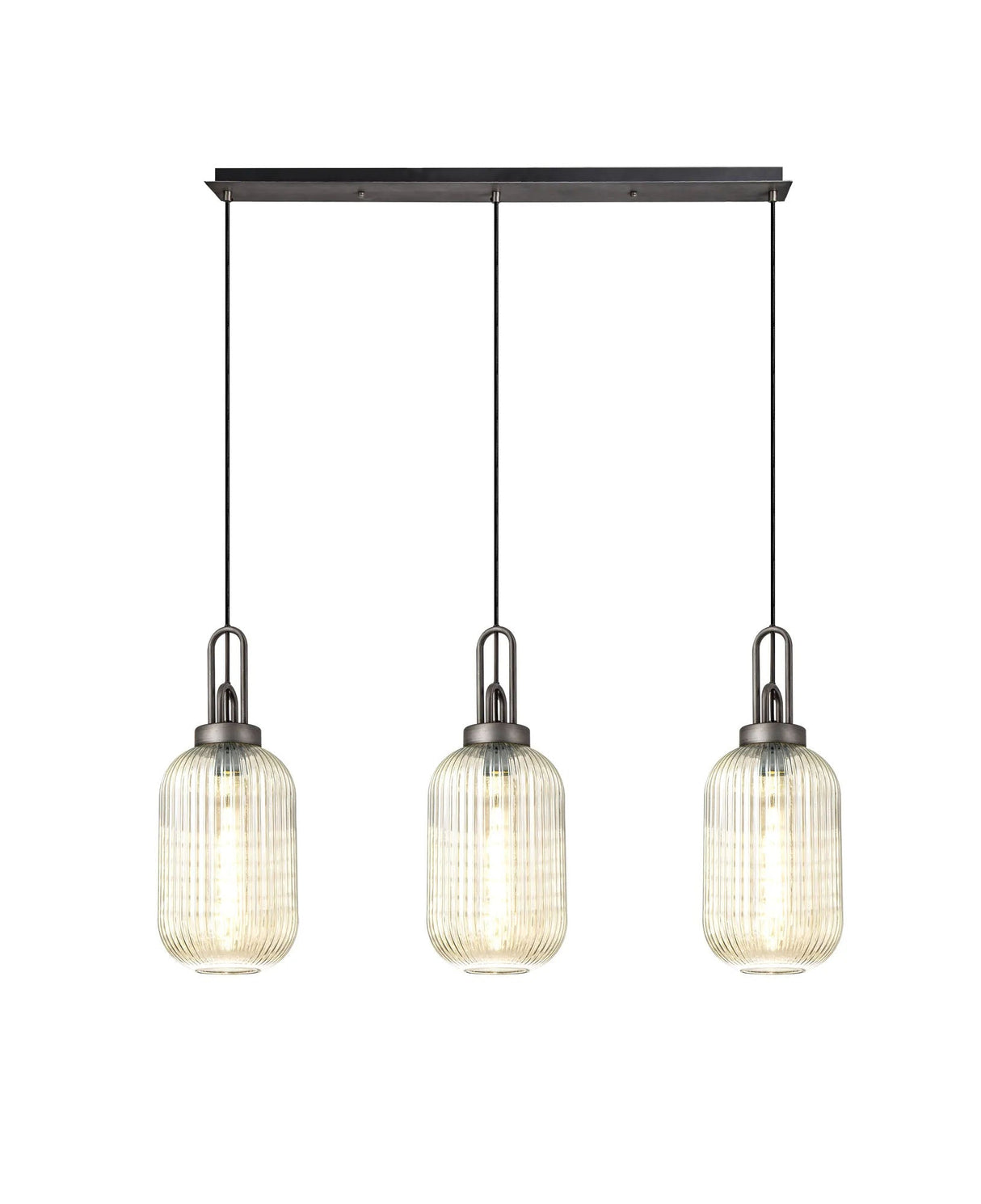Allardyce Linear 3 Light Pendant With 20cm Tubular Ribbed Glass, Aged Pewter/Matt Black Champagne