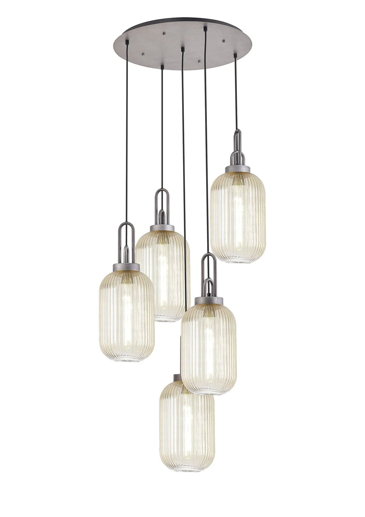 Allardyce Round 5 Light Pendant With 20cm Tubular Ribbed Glass, Aged Pewter/Matt Black Champagne