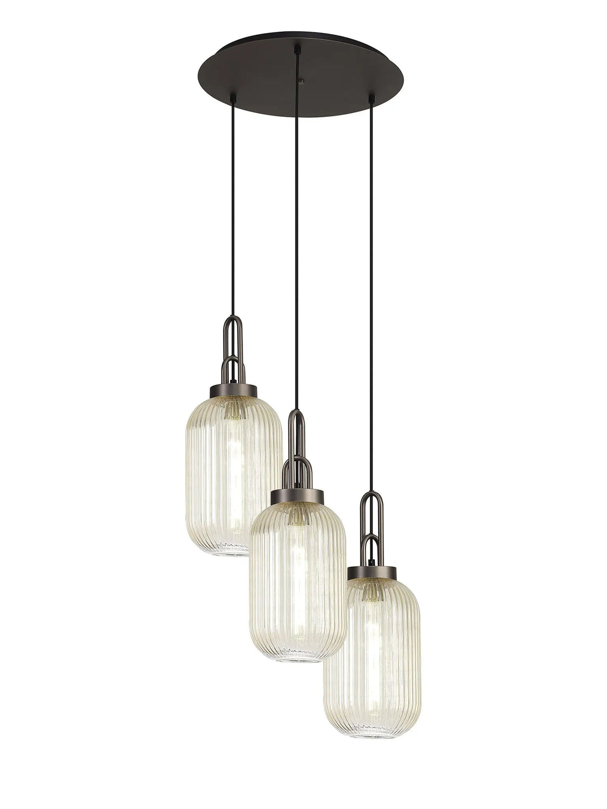 Allardyce Round 3 Light Pendant With 20cm Tubular Ribbed Glass, Antique Silver/Matt Black Champagne