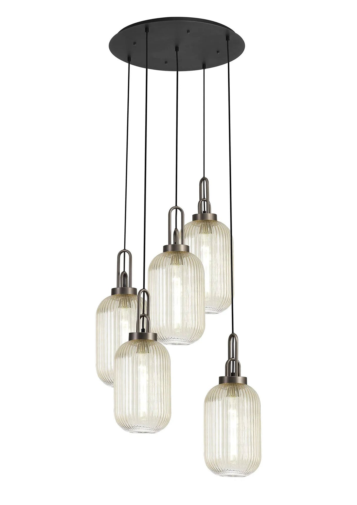 Allardyce Round 5 Light Pendant With 20cm Tubular Ribbed Glass, Antique Silver/Matt Black Champagne