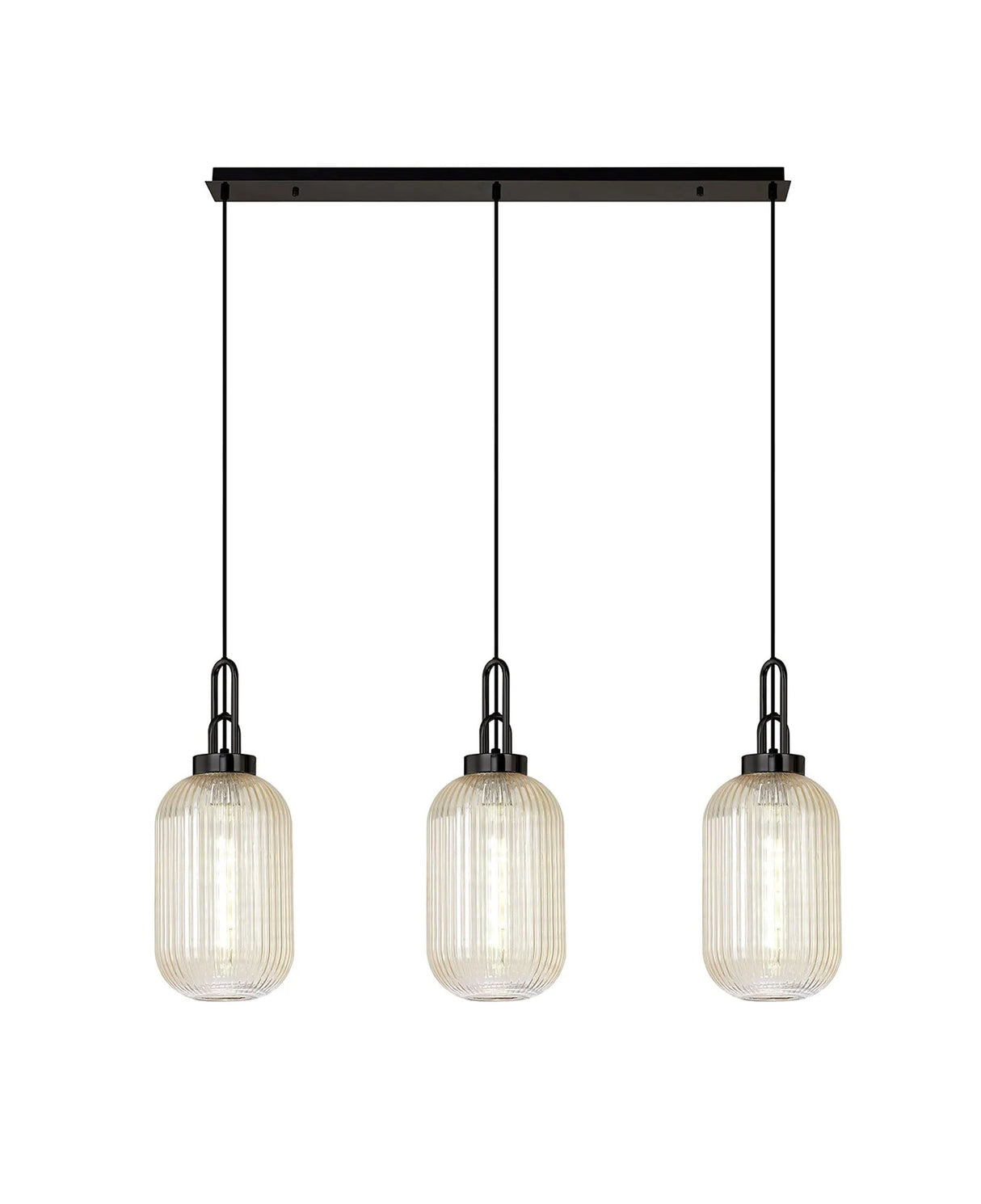 Allardyce Linear 3 Light Pendant With 20cm Tubular Ribbed Glass, Black Chrome/Matt Black Champagne