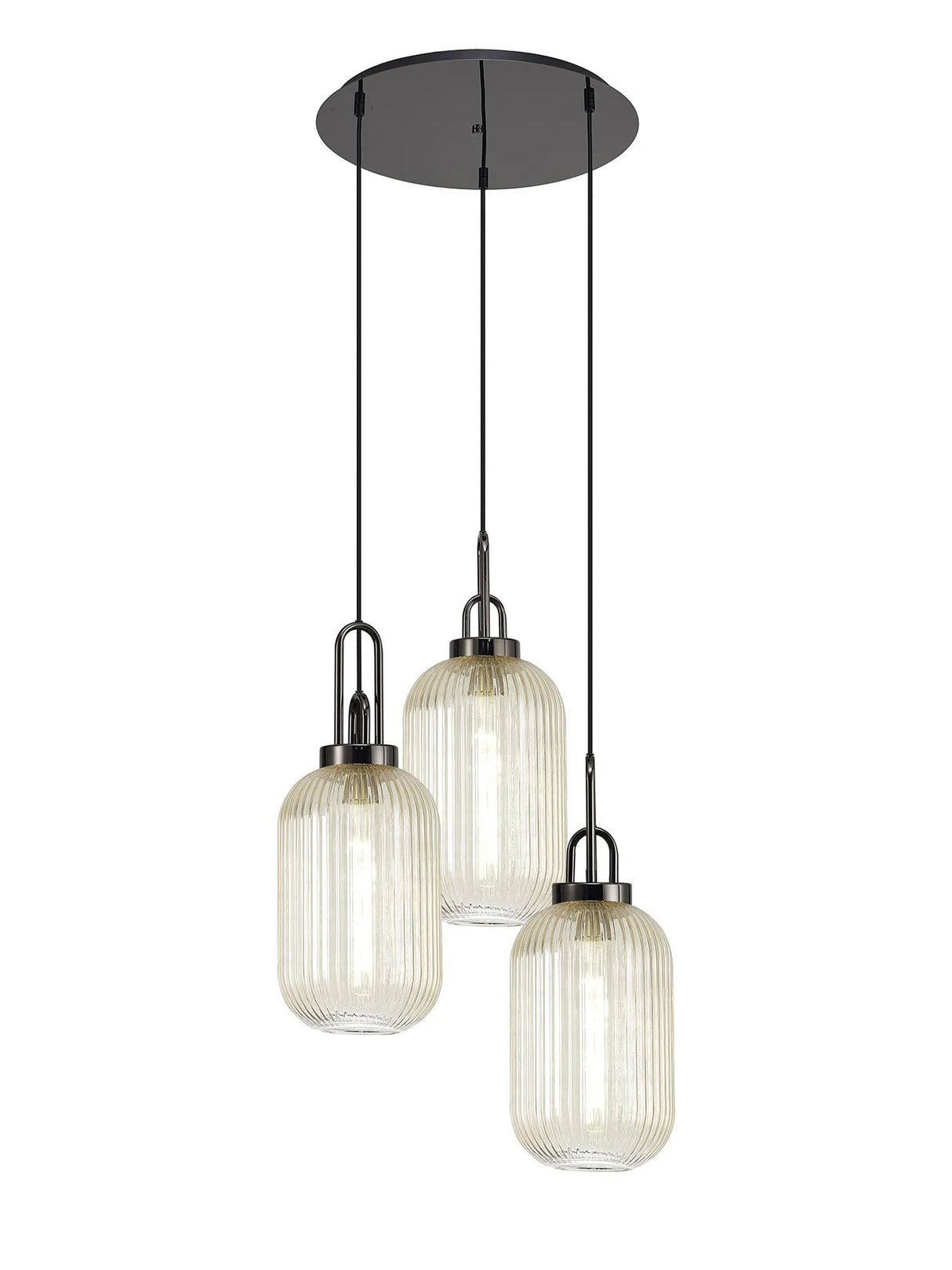 Allardyce Round 3 Light Pendant With 20cm Tubular Ribbed Glass, Black Chrome/Matt Black Champagne