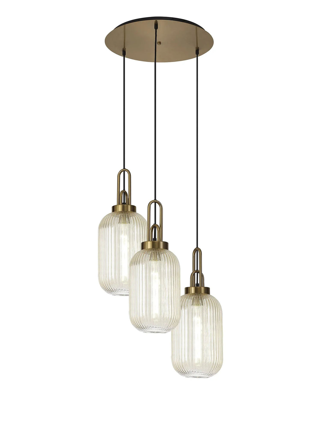 Allardyce Round 3 Light Pendant With 20cm Tubular Ribbed Glass, Brass Gold/Matt Black Champagne