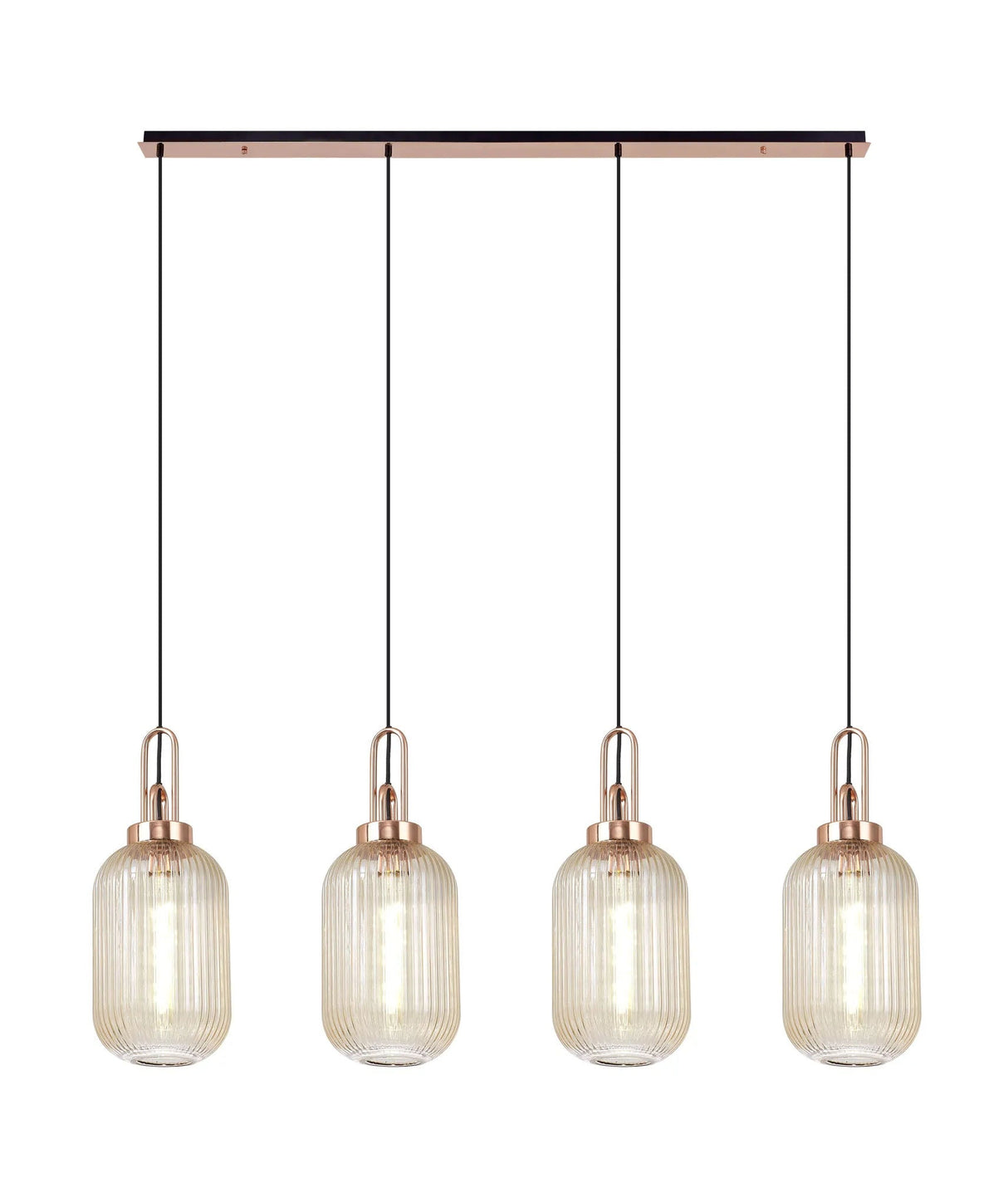 Allardyce Linear 4 Light Pendant With 20cm Tubular Ribbed Glass, Copper/Matt Black Champagne