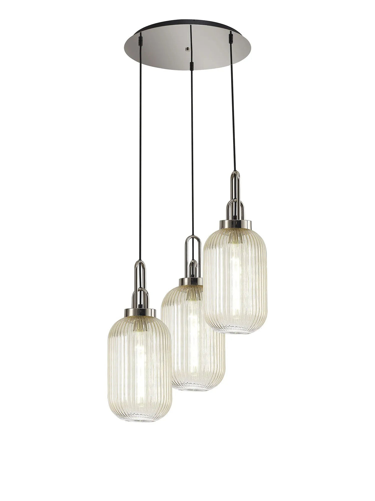 Allardyce Round 3 Light Pendant With 20cm Tubular Ribbed Glass, Polished Nickel/Matt Black Champagne