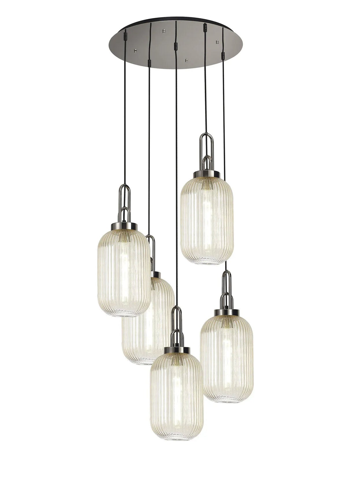 Allardyce Round 5 Light Pendant With 20cm Tubular Ribbed Glass, Polished Nickel/Matt Black Champagne
