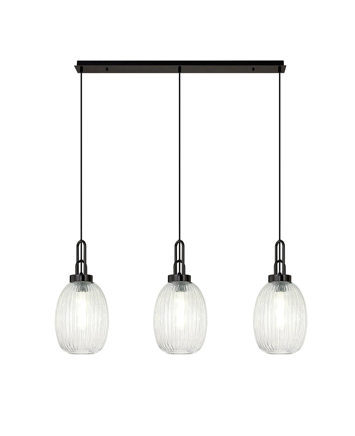 Allardyce Linear 3 Light Pendant With 20cm Almond Ribbed Glass, Black Chrome/Matt Black Clear