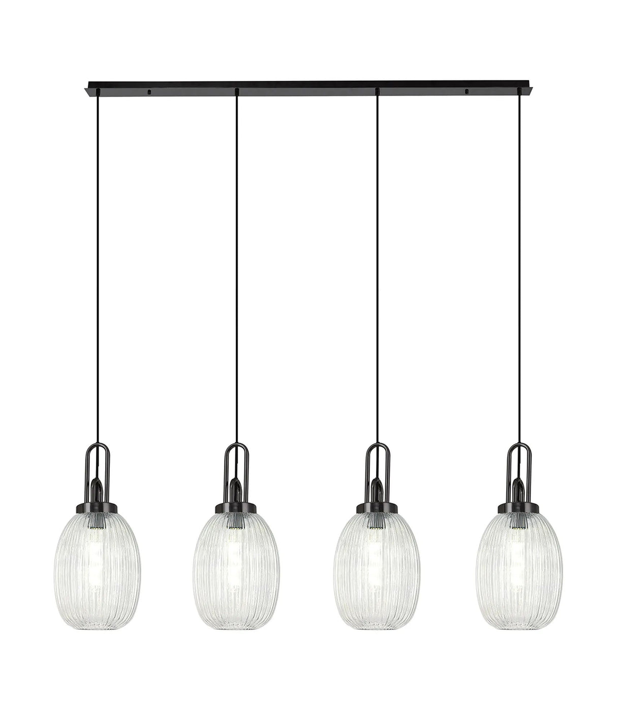 Allardyce Linear 4 Light Pendant With 20cm Almond Ribbed Glass, Black Chrome/Matt Black Clear