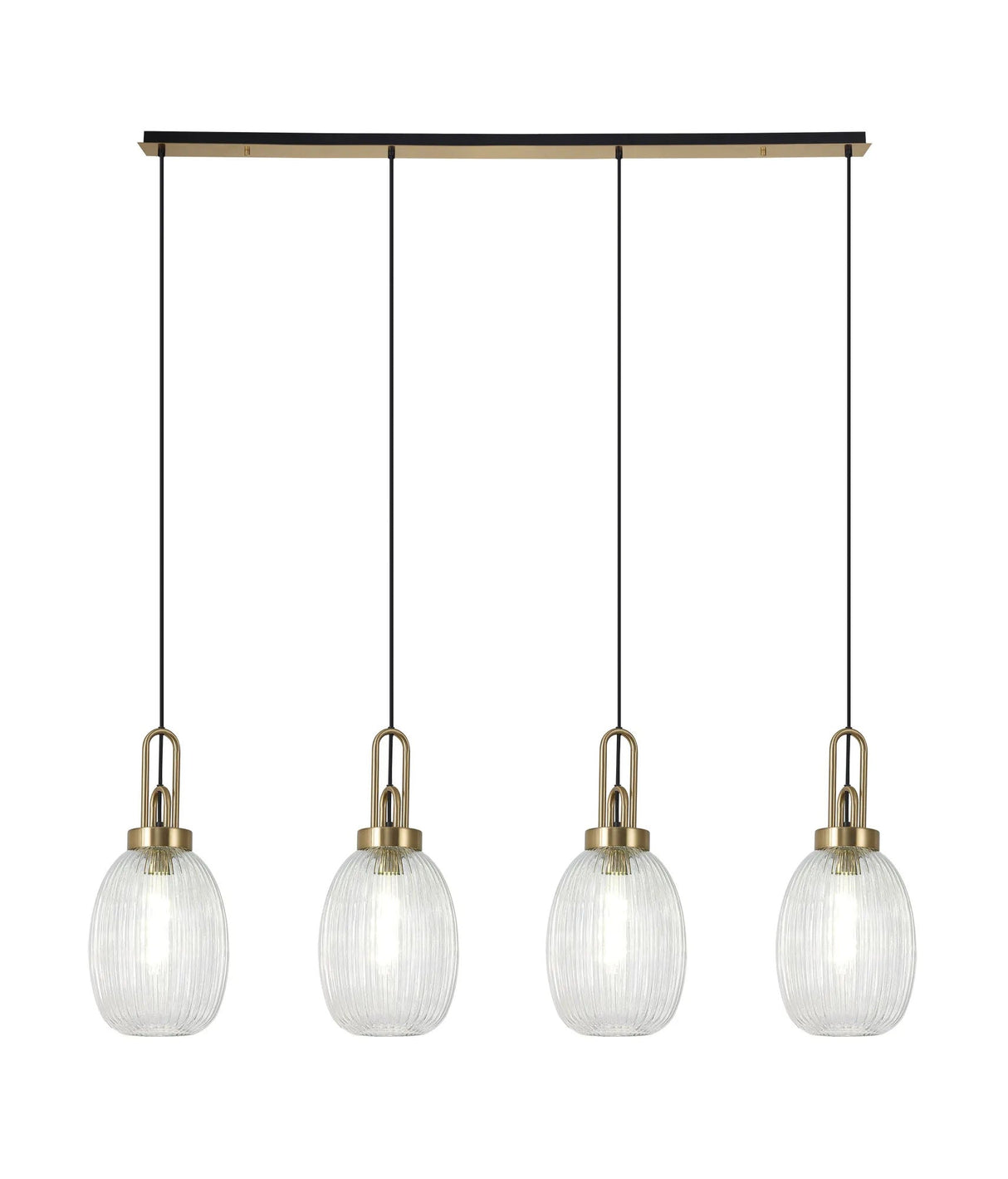 Allardyce Linear 4 Light Pendant With 20cm Almond Ribbed Glass, Brass Gold/Matt Black Clear