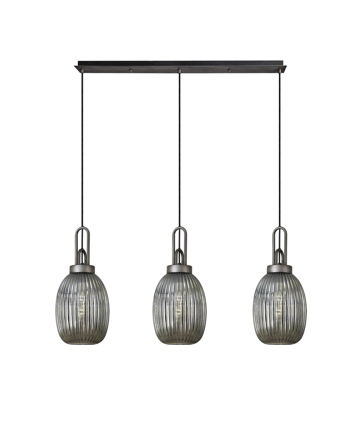 Allardyce Linear 3 Light Pendant With 20cm Almond Ribbed Glass, Aged Pewter/Matt Black Smoked