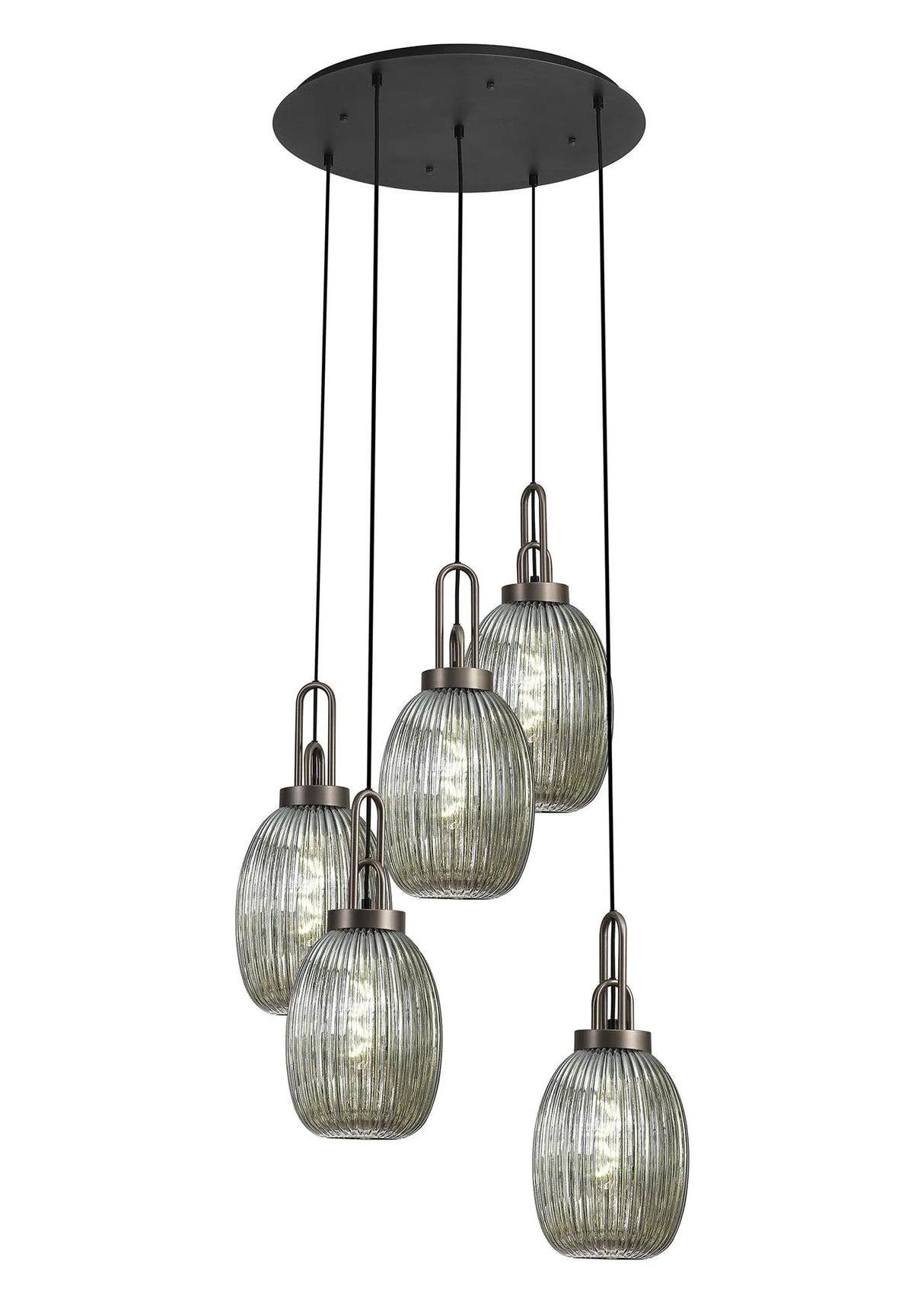 Allardyce Round 5 Light Pendant With 20cm Almond Ribbed Glass, Antique Silver/Matt Black Smoked