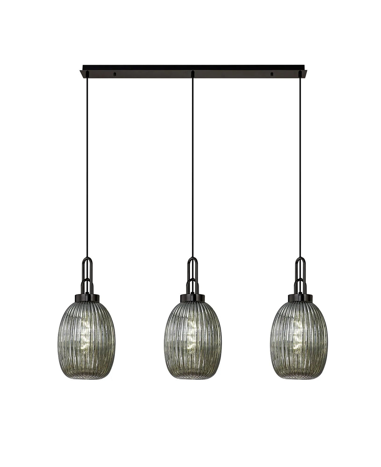 Allardyce Linear 3 Light Pendant With 20cm Almond Ribbed Glass, Black Chrome/Matt Black Smoked