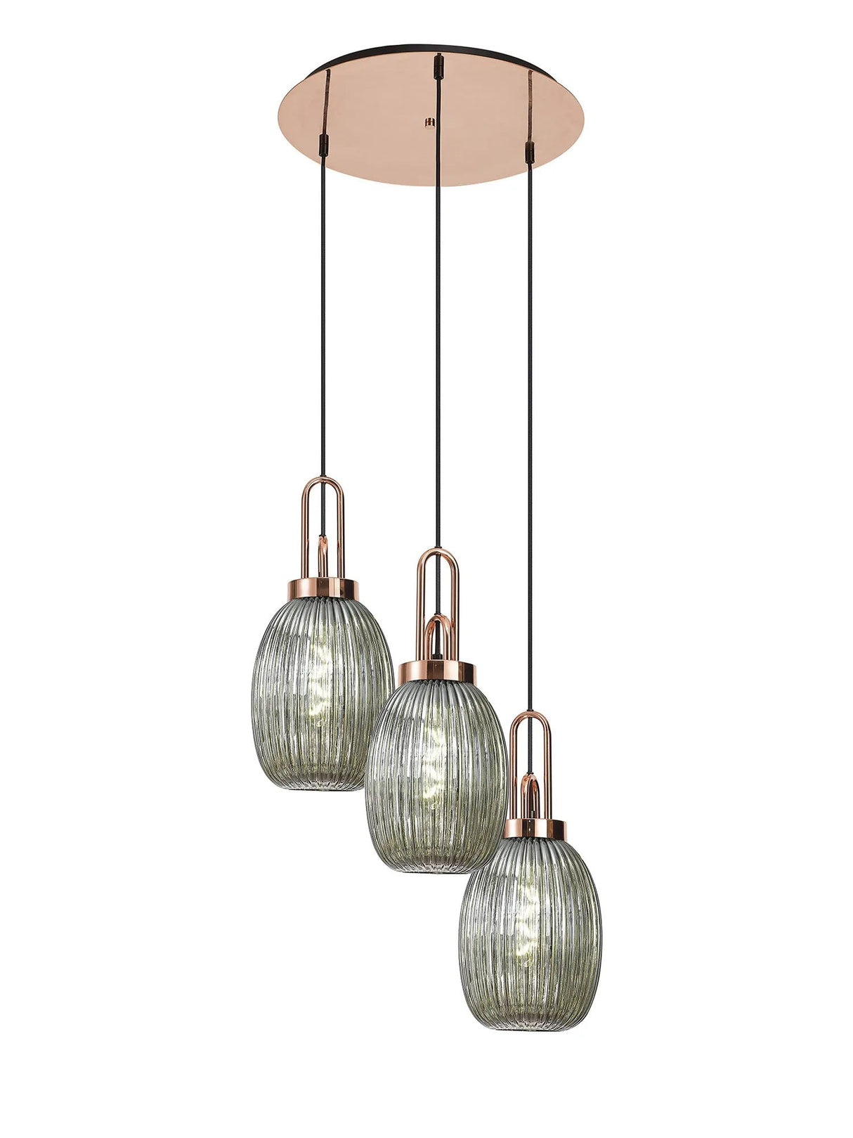 Allardyce Round 3 Light Pendant With 20cm Almond Ribbed Glass, Copper/Matt Black Smoked