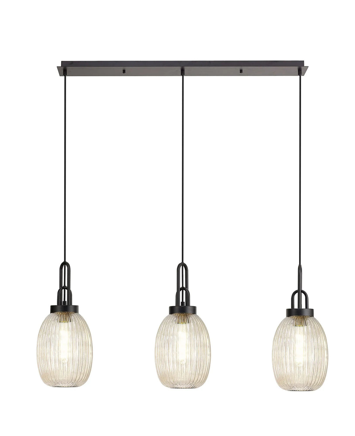 Allardyce Linear 3 Light Pendant With 20cm Almond Ribbed Glass, Matt Black/Matt Black Champagne