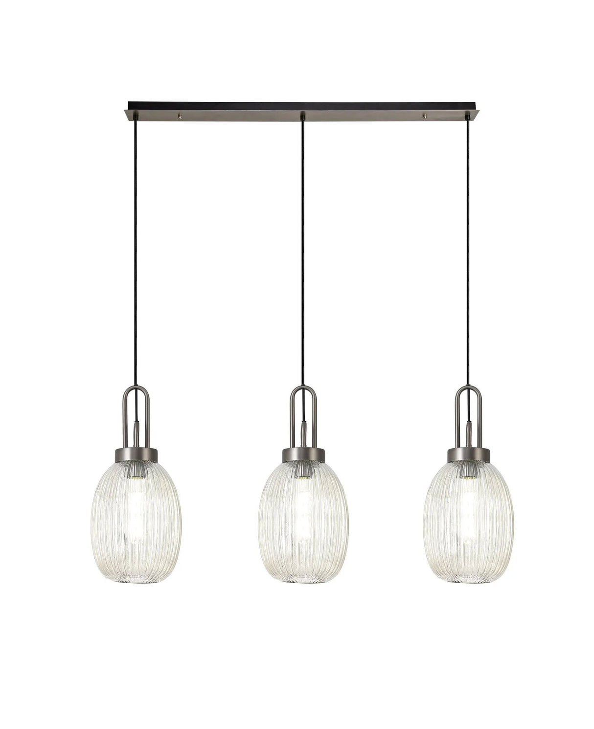 Allardyce Linear 3 Light Pendant With 20cm Almond Ribbed Glass, Antique Silver/Matt Black Champagne