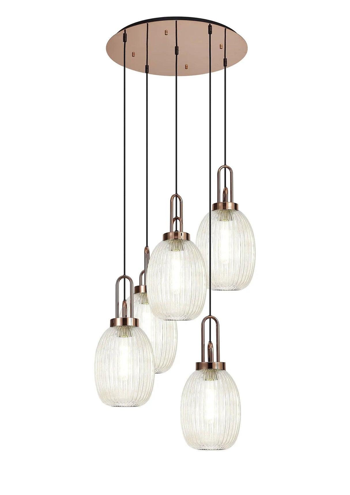 Allardyce Round 5 Light Pendant With 20cm Almond Ribbed Glass, Copper/Matt Black Champagne