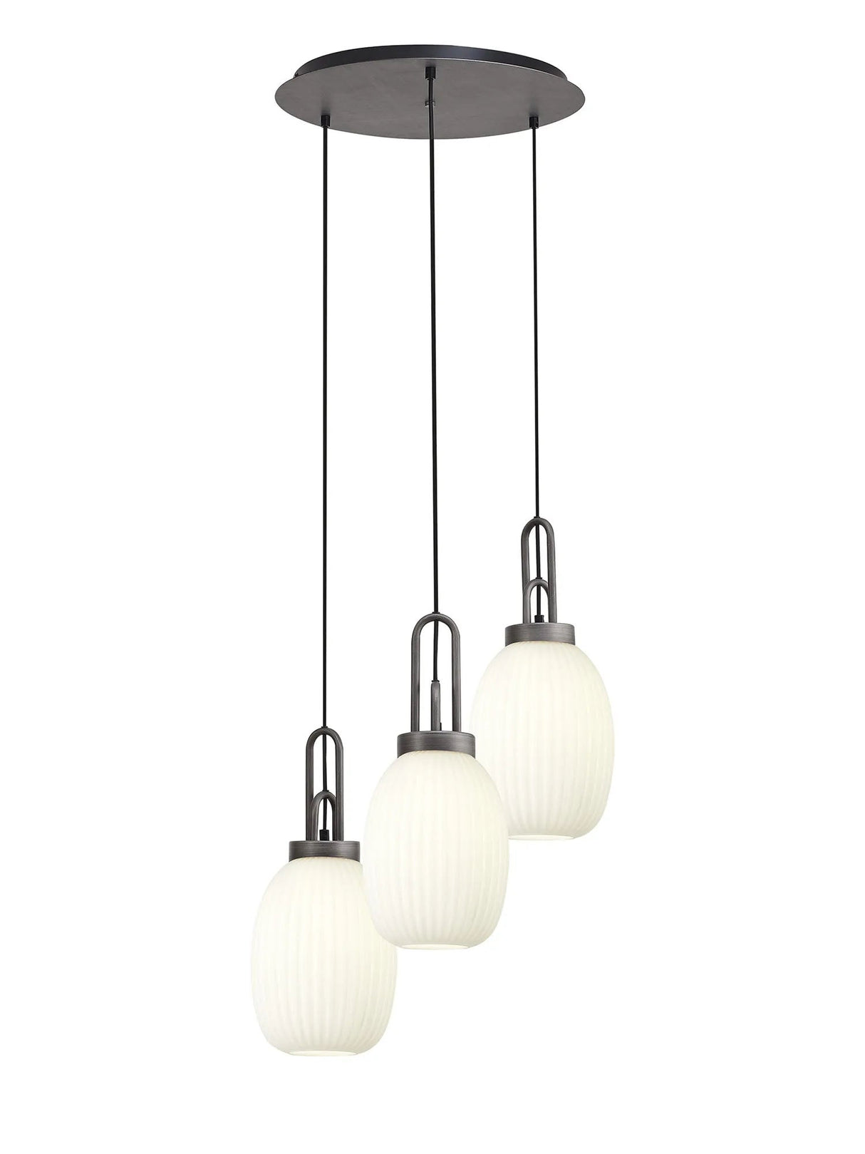 Allardyce Round 3 Light Pendant With 20cm Almond Ribbed Glass, Aged Pewter/Matt Black Opal